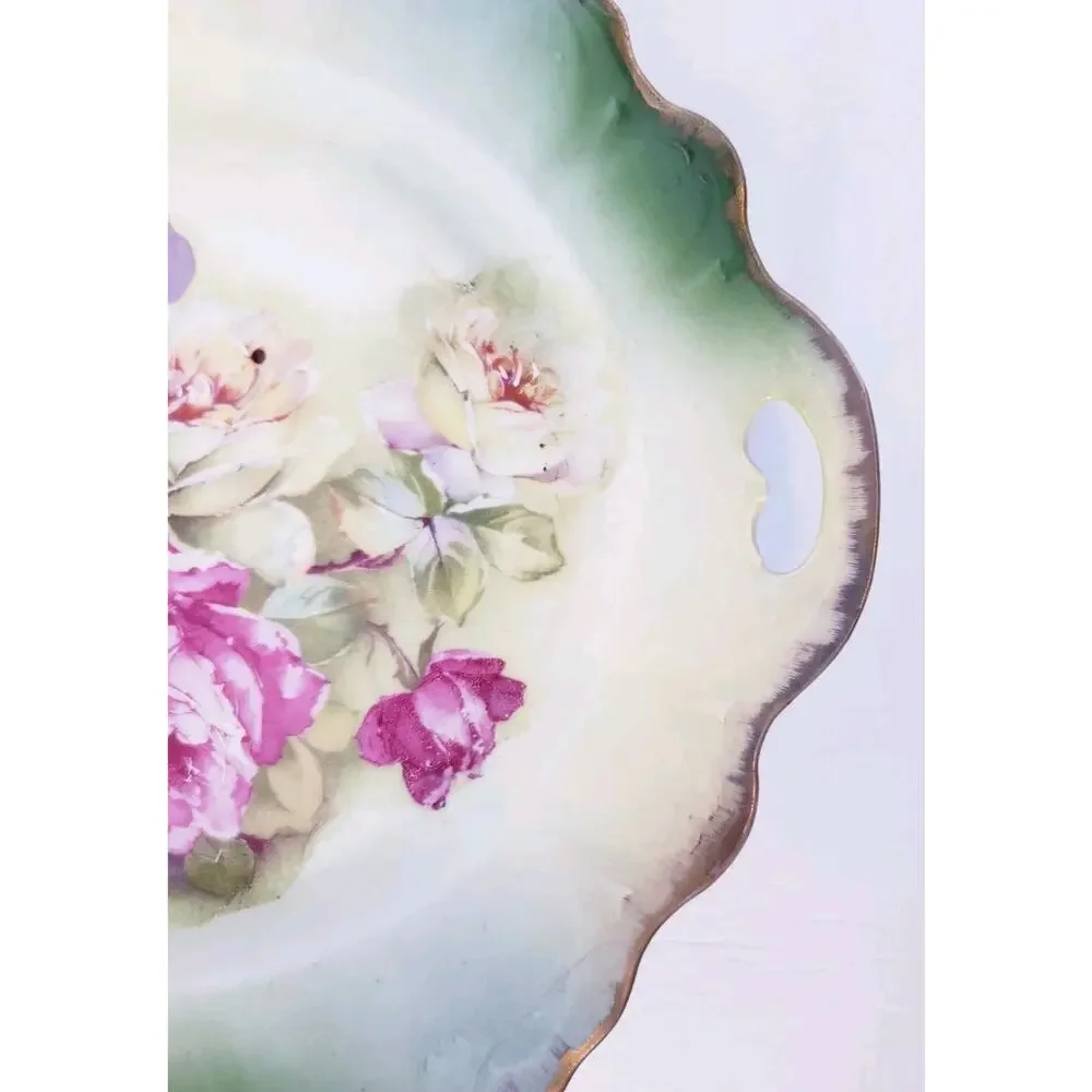 Vintage Hand‎ Painted Handled Cake Dessert Plate Green w/ Pink Roses Germany